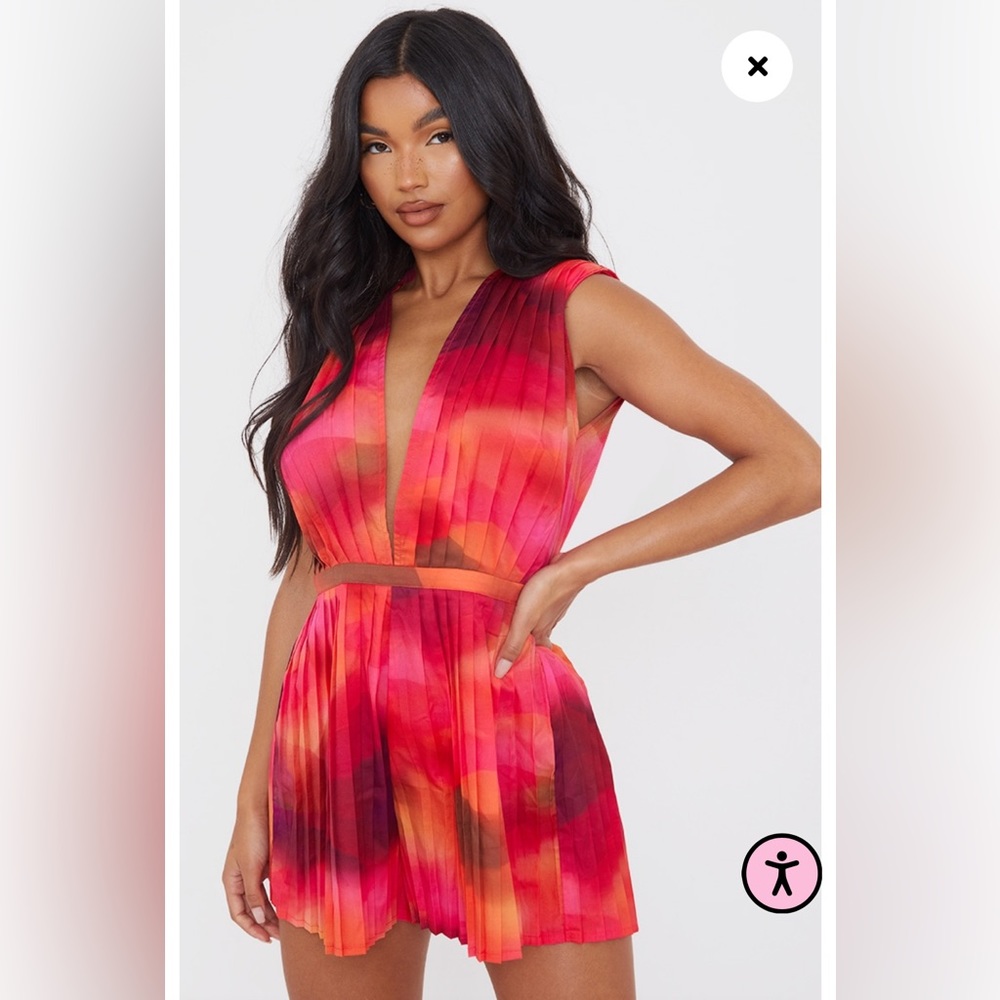 Pink Wave Print Pleated Shoulder Pad Plunge Romper
